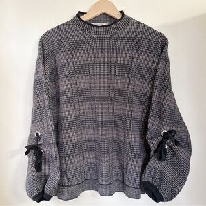 Molly Bracken Houndstooth Knit Sweater Tie Sleeve Balloon Pullover S/M